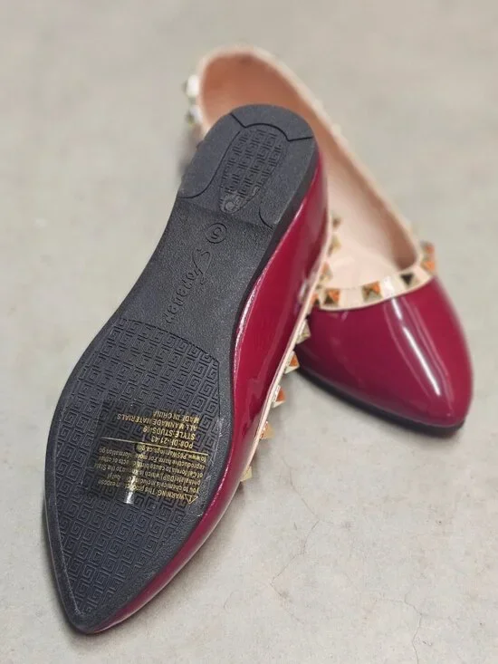 Studded Burgundy Patent Leather Flats With Pointed Toe & Quilted Insole - Picture 12 of 12